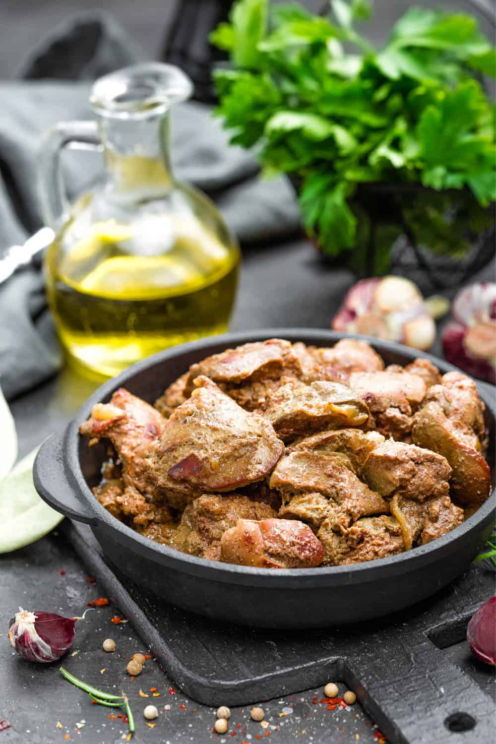 Chicken liver with caramelized onions over mashed potatoes