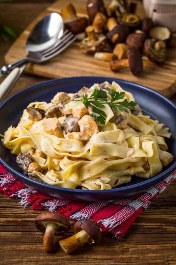 Creamy chicken and mushrooms pappardelle on a black plate